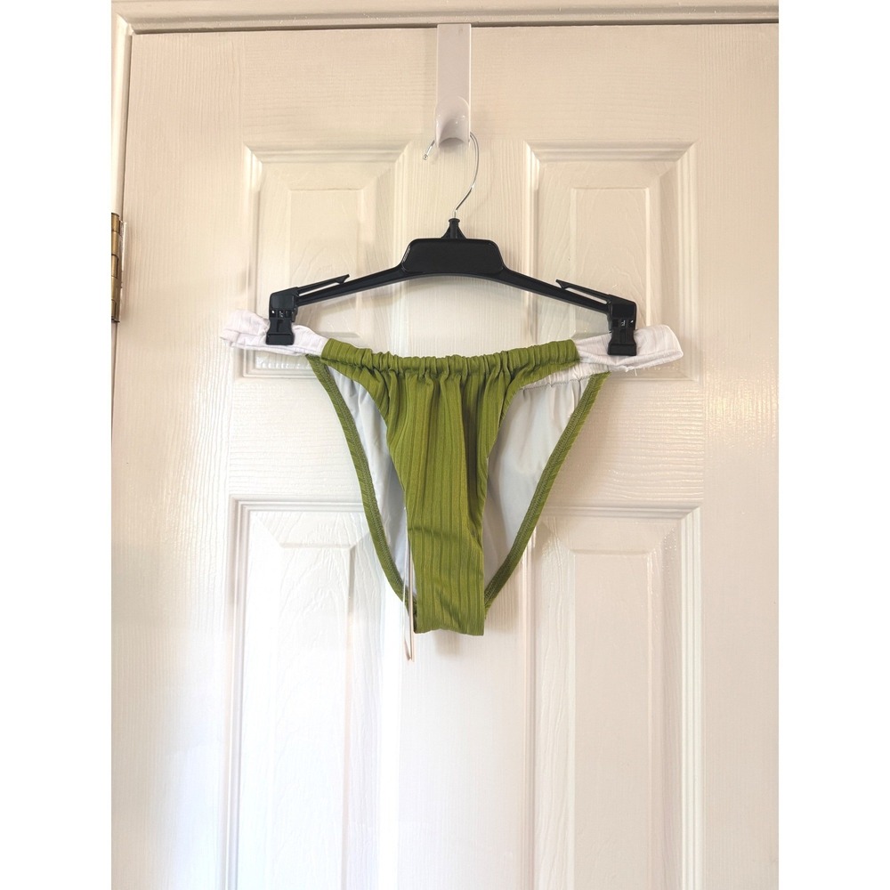 AQUA Swim Shirred Bikini Bottom Greek Olive Green White Small AORR25722 NEW